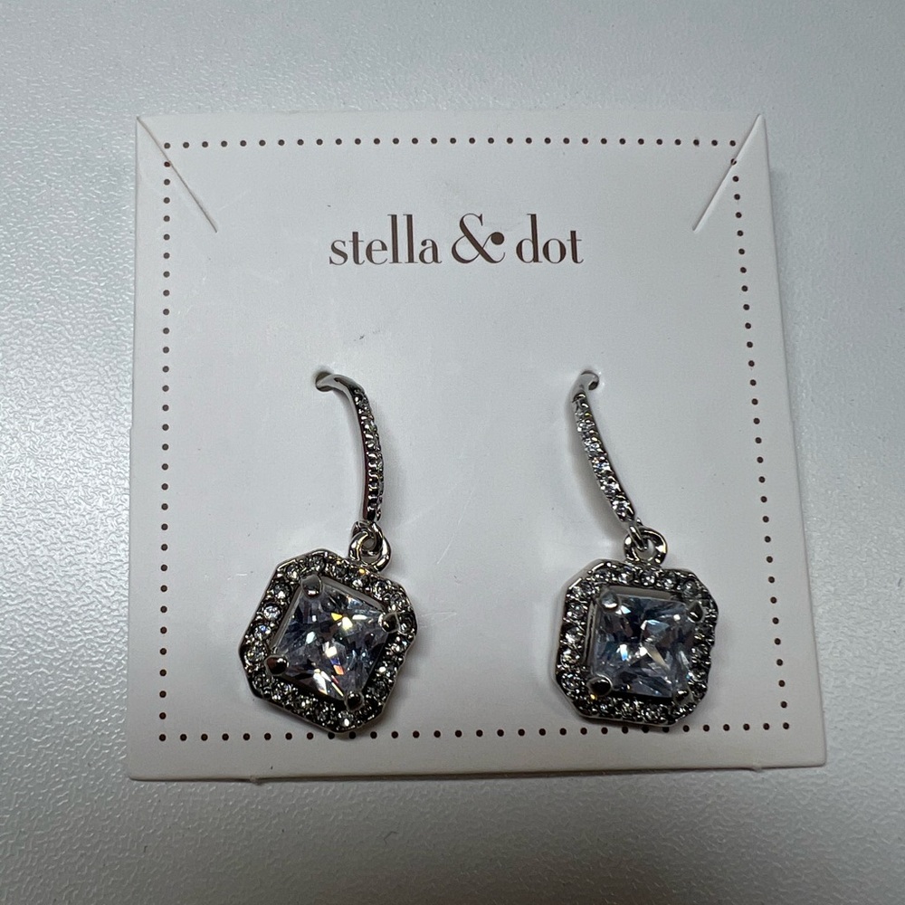 Stella & Dot Silver Square Crystal Deco Drop Earrings